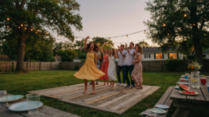 People dance on an outdoor dance floor in a cheerful backyard party scene.