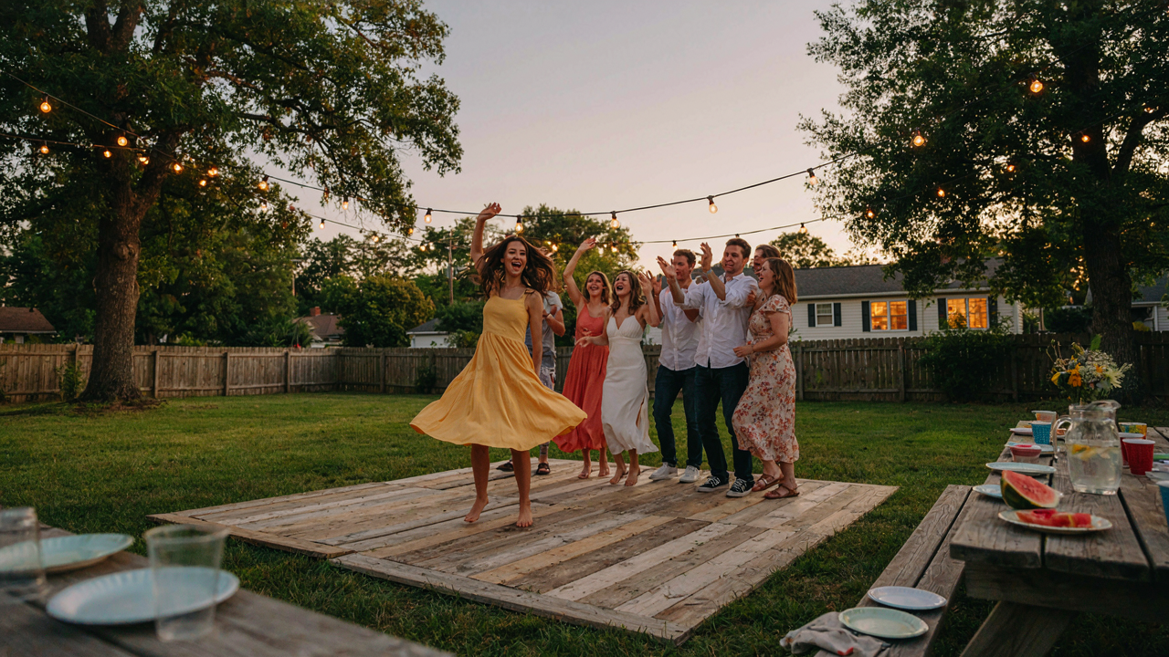 People dance on an outdoor dance floor in a cheerful backyard party scene.