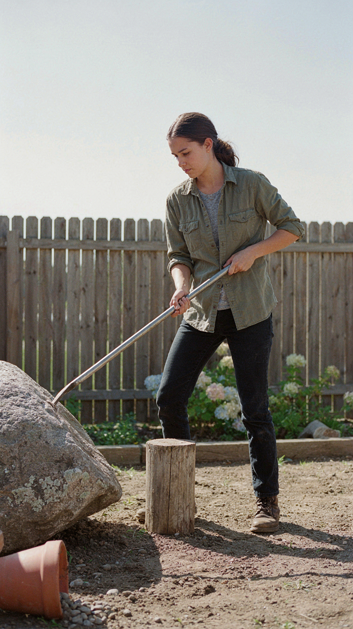 A person easily lifts a heavy rock with a pry bar.