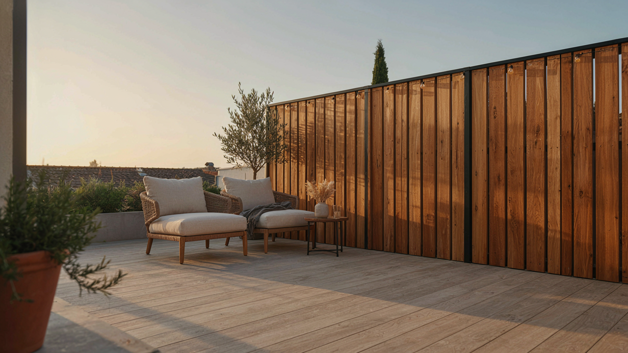 A modern backyard features a stylish diy backyard privacy screen around a cozy seating area.