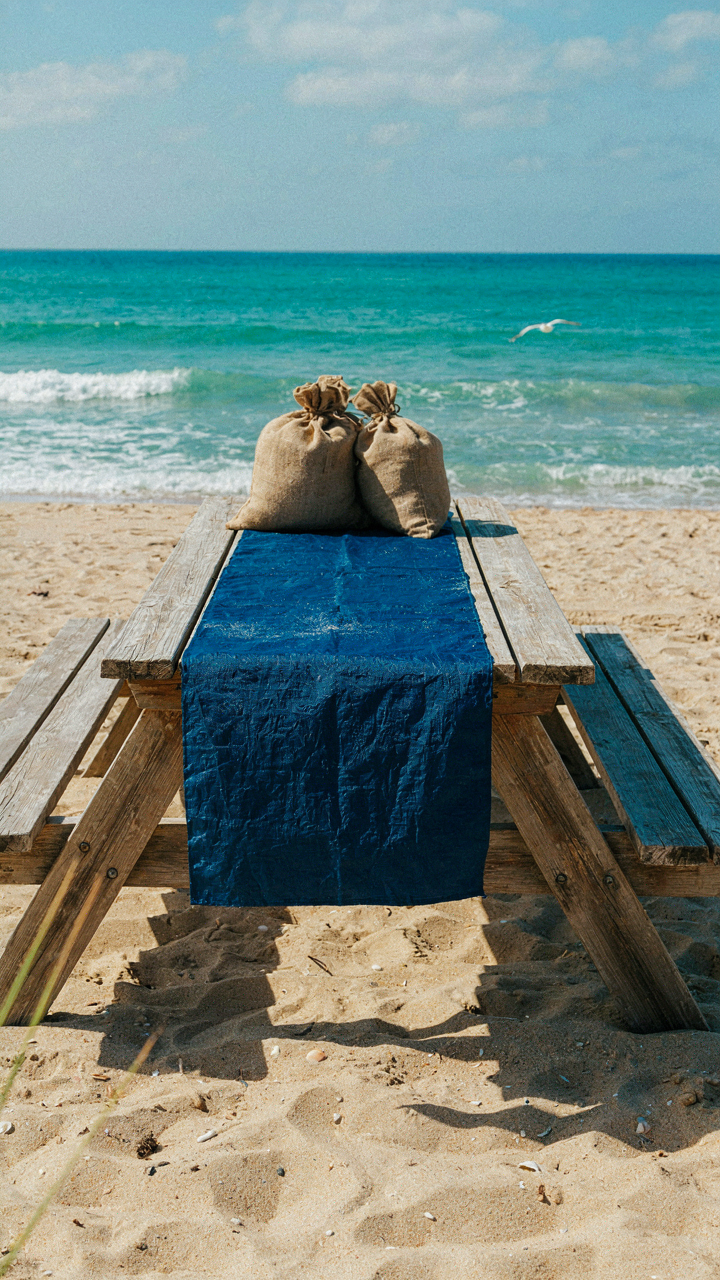 A diy picnic table runner on a beach table made of sailcloth.