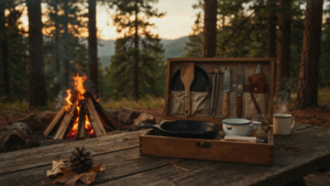 An open diy camp kitchen box filled with cooking gear on a picnic table.