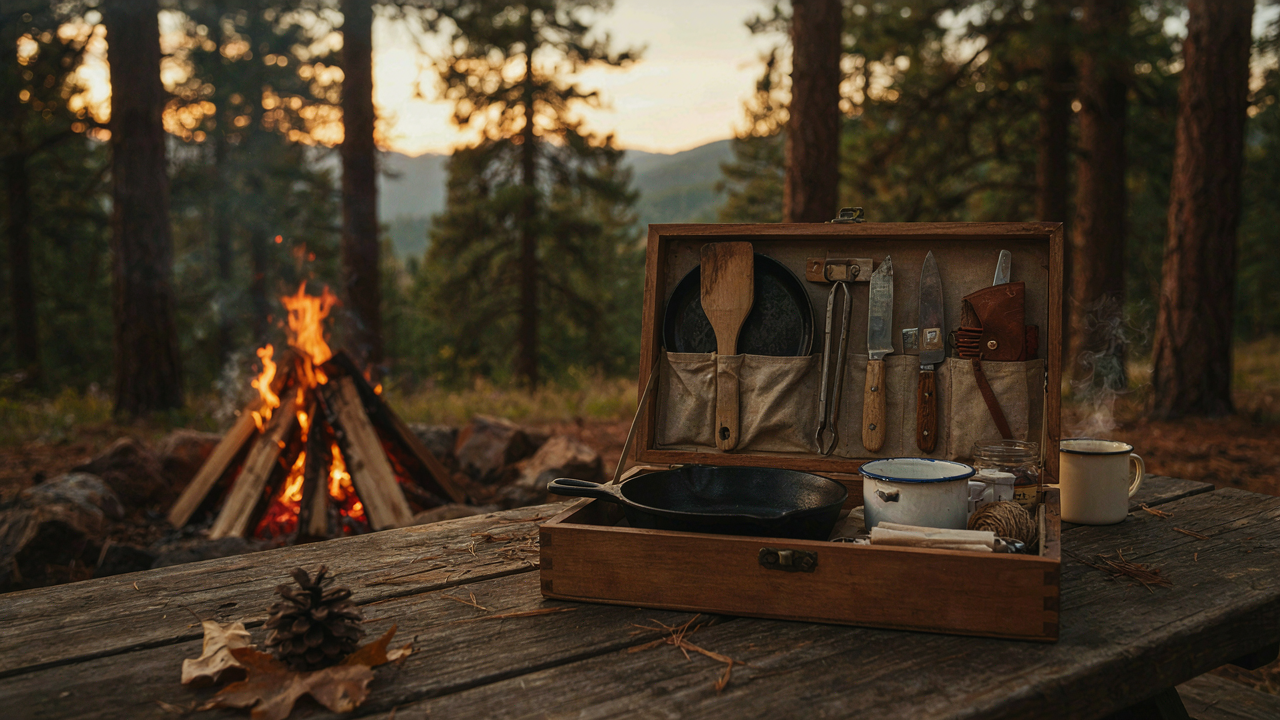 An open diy camp kitchen box filled with cooking gear on a picnic table.