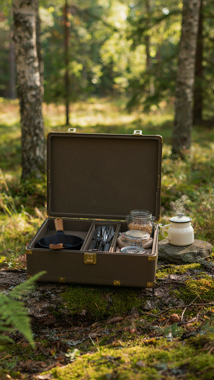 A modular camp kitchen box with interchangeable compartments is open in a forest.
