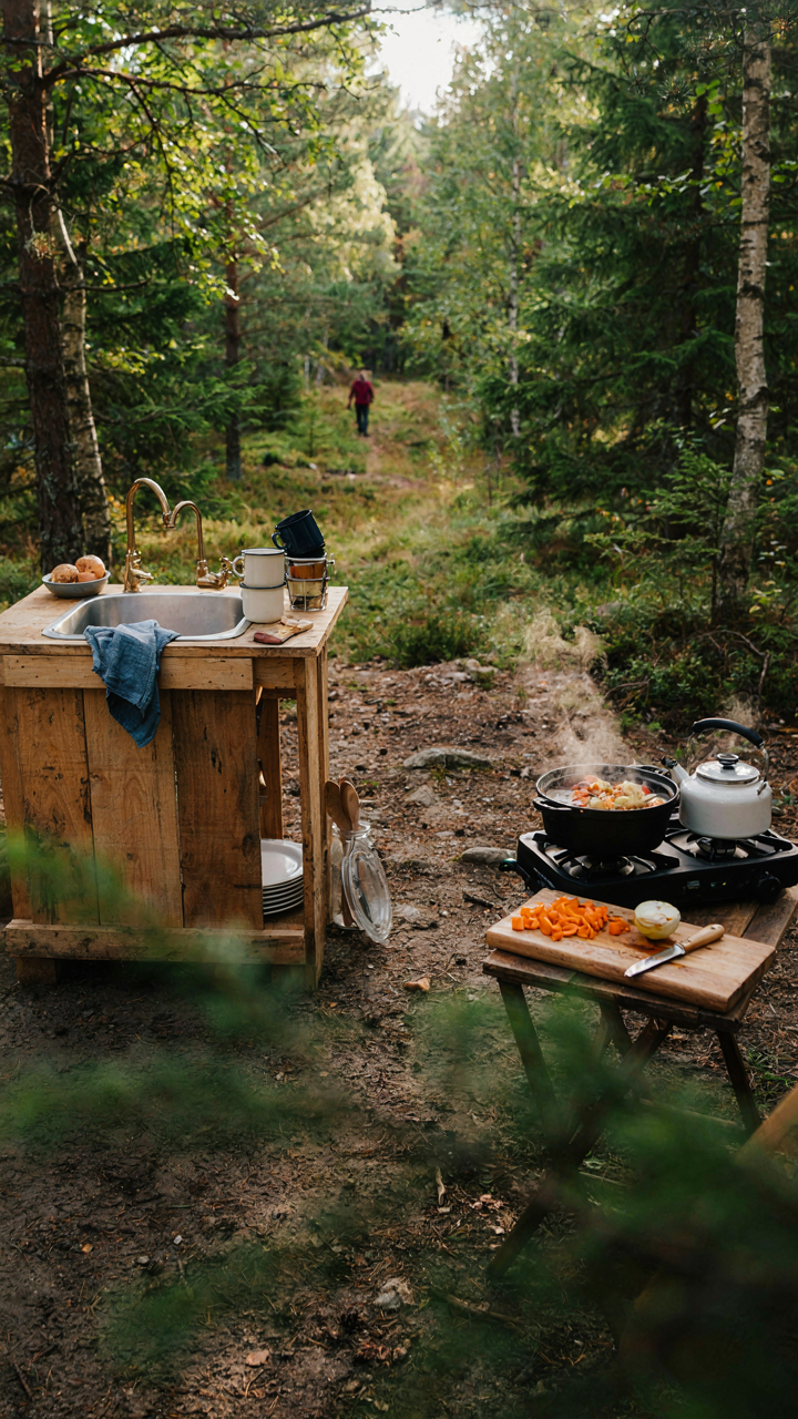 A dedicated diy camp kitchen with sink, separate from cooking.