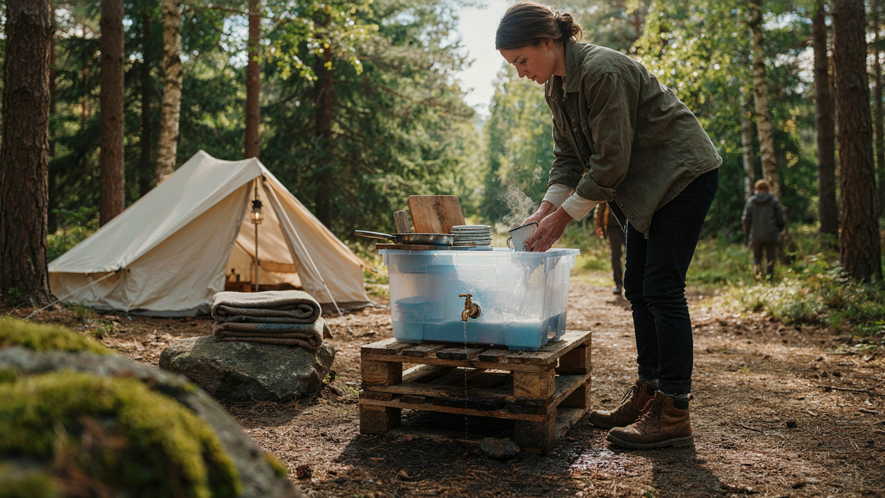 A person washes dishes at a homemade camp sink outdoors.
