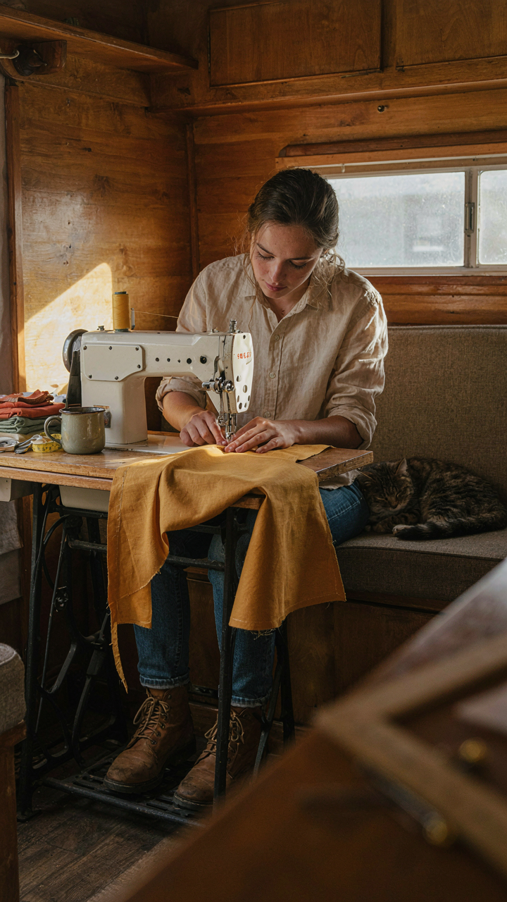 A person measures fabric for DIY camper curtain ideas inside an RV.