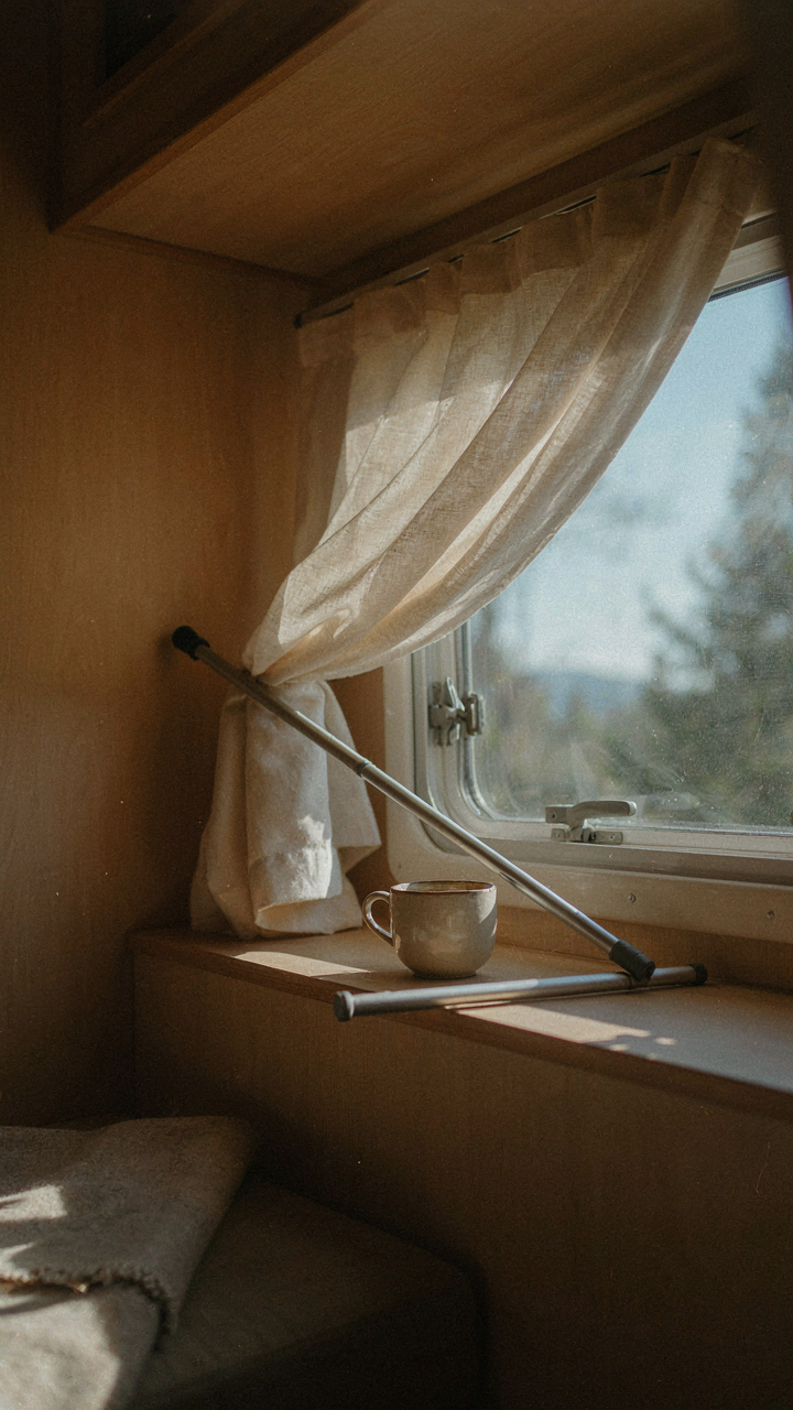A loose tension rod and a crooked curtain in a camper window.