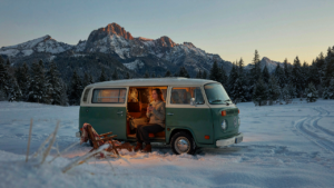 A warm, cozy camper van sits in a snowy mountain setting.