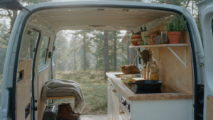 A tidy, compact diy camper kitchen with a small stove and wooden counters inside a van.
