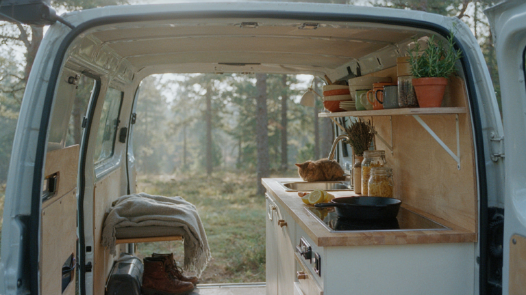 A tidy, compact diy camper kitchen with a small stove and wooden counters inside a van.