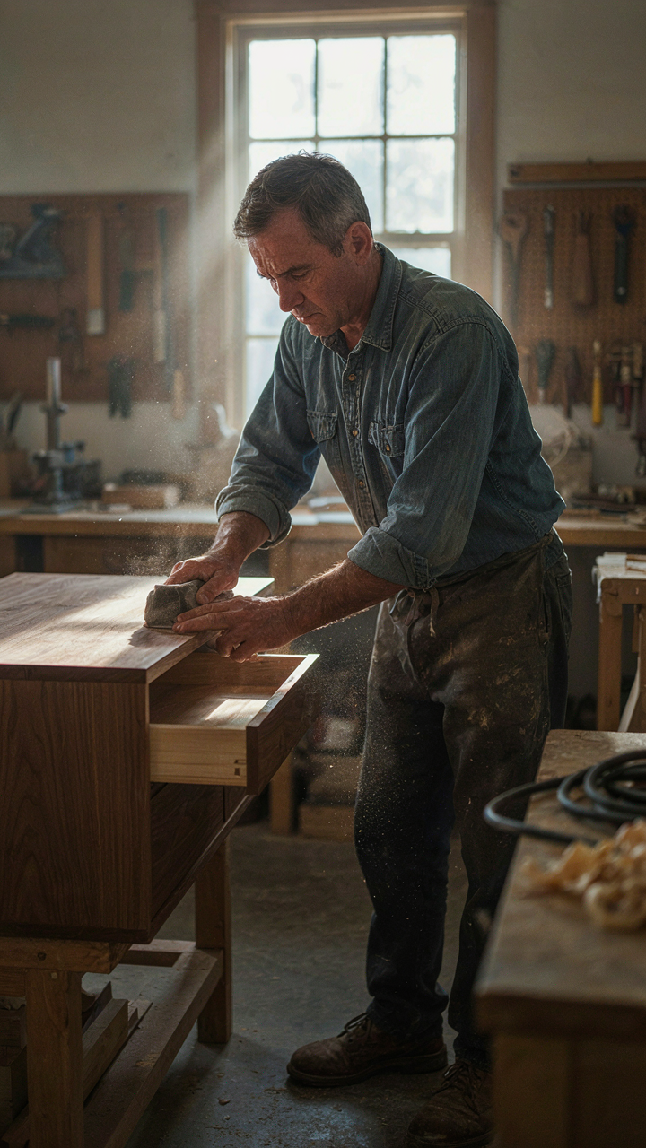 A carpenter meticulously sands a handmade cabinet for a vintage camper kitchen.