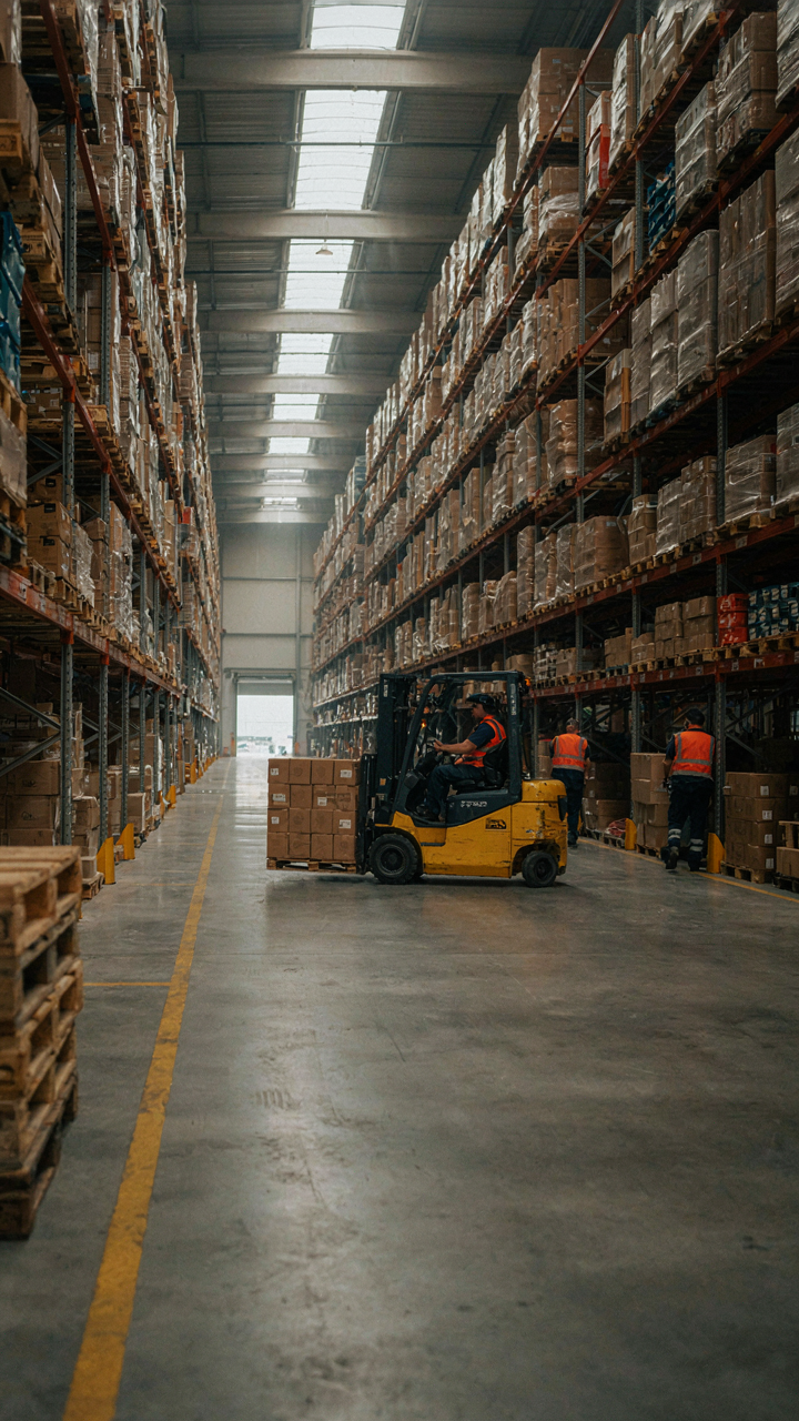 Shelves full of organized boxes in a large logistics warehouse.