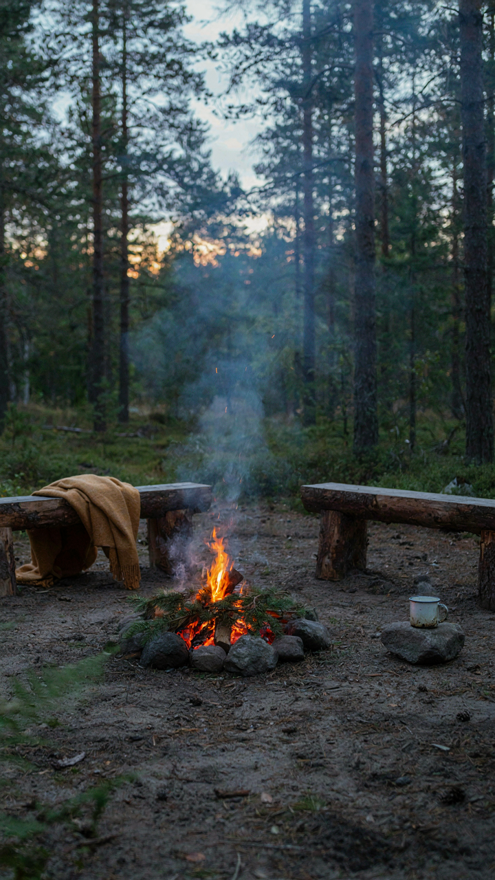 A small campfire with green branches creates smoke, repelling insects during camping bug hacks.