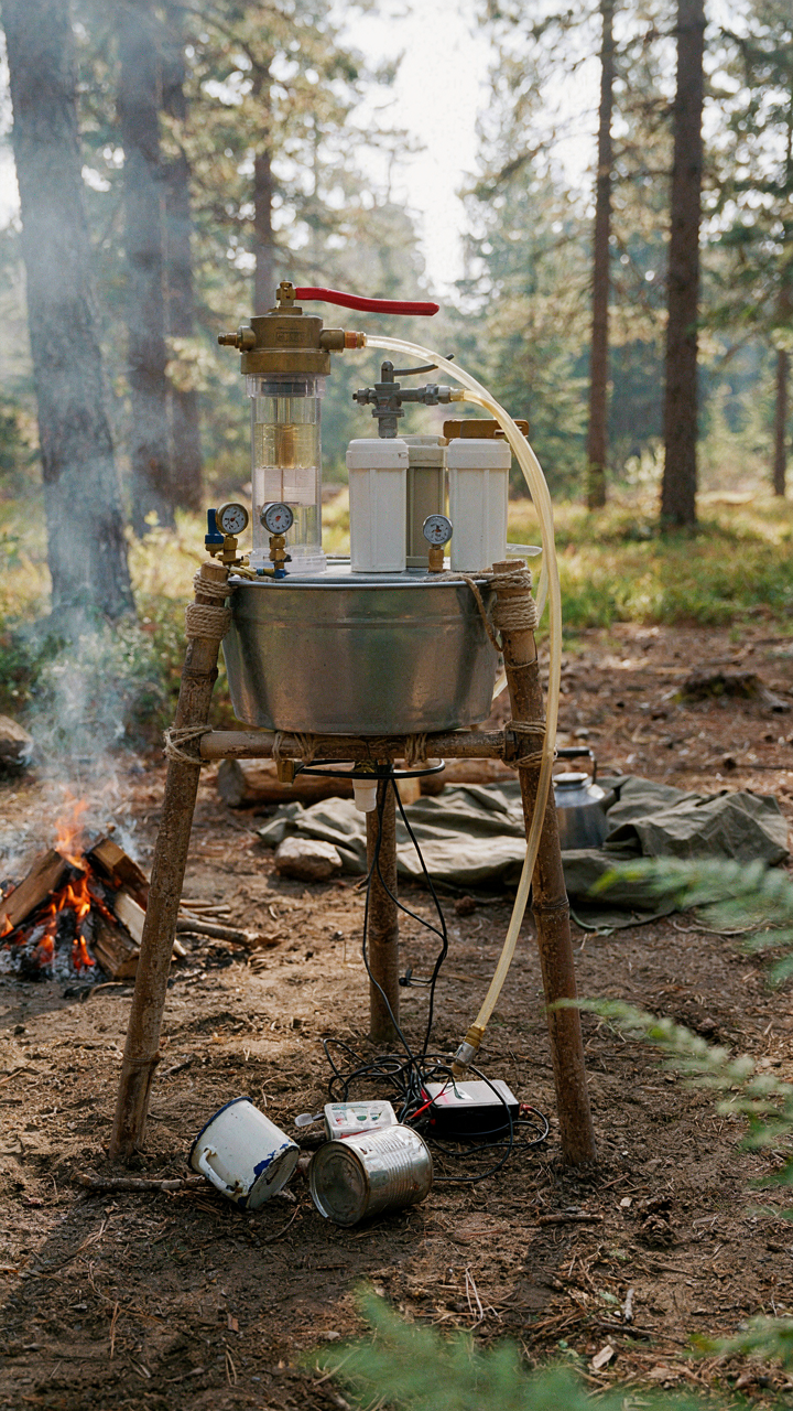 An over-engineered diy camp sink with many pipes and gadgets.