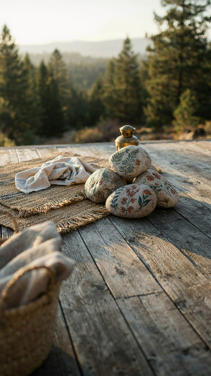 Hand-painted rocks and woven mats decorate a camping site.