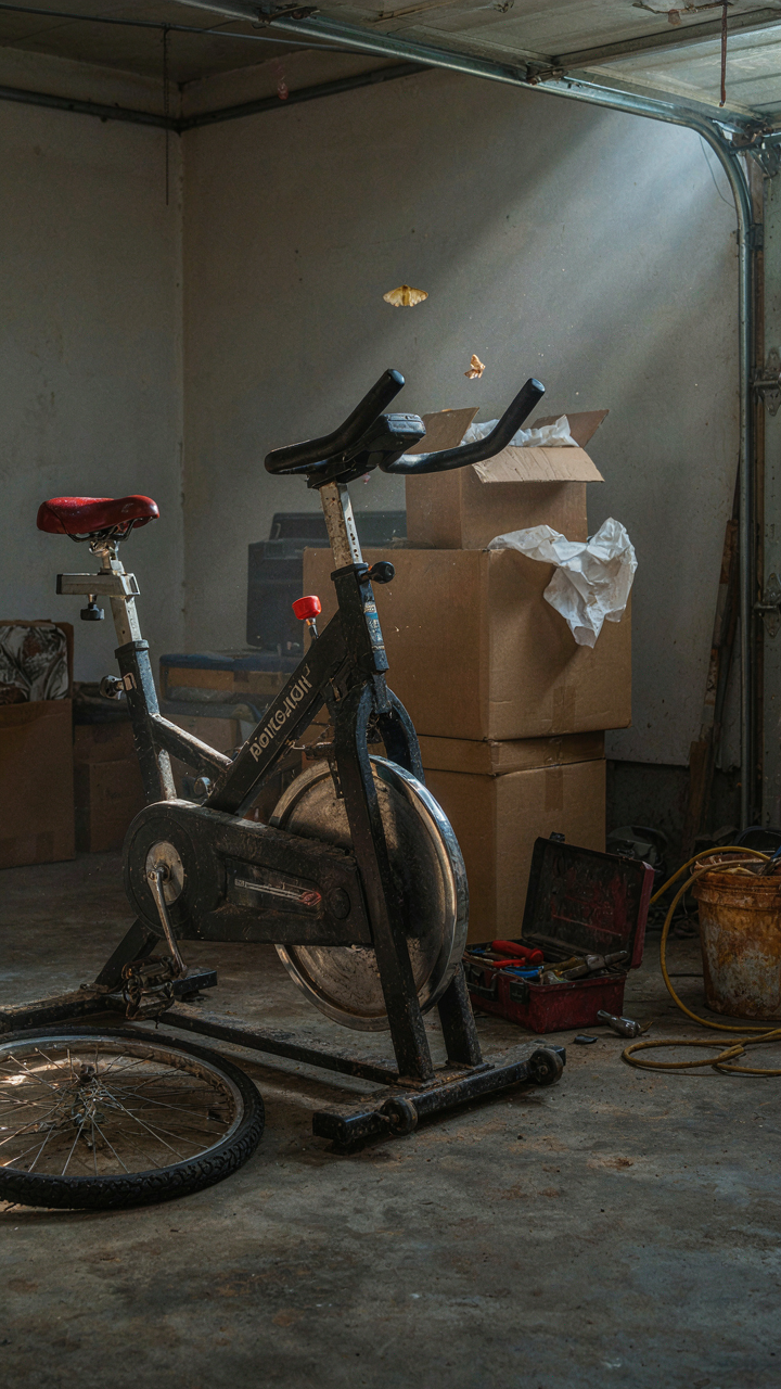 A dusty, unused exercise bike sits in a cluttered garage.