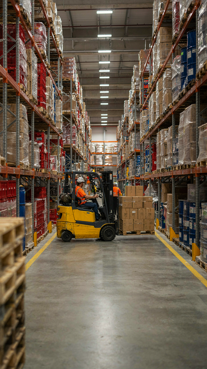 Forklifts move pallets of goods quickly in a busy warehouse.