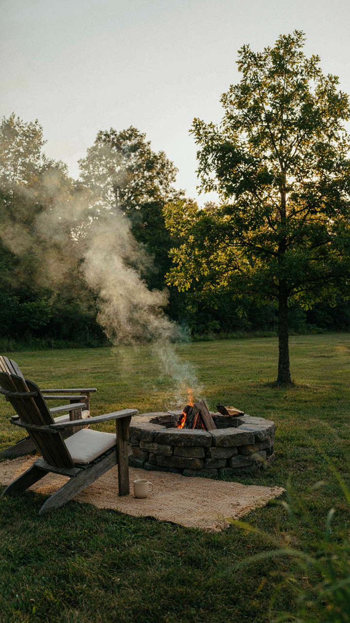 Smoke from an outdoor fire pit blows away from the seating.