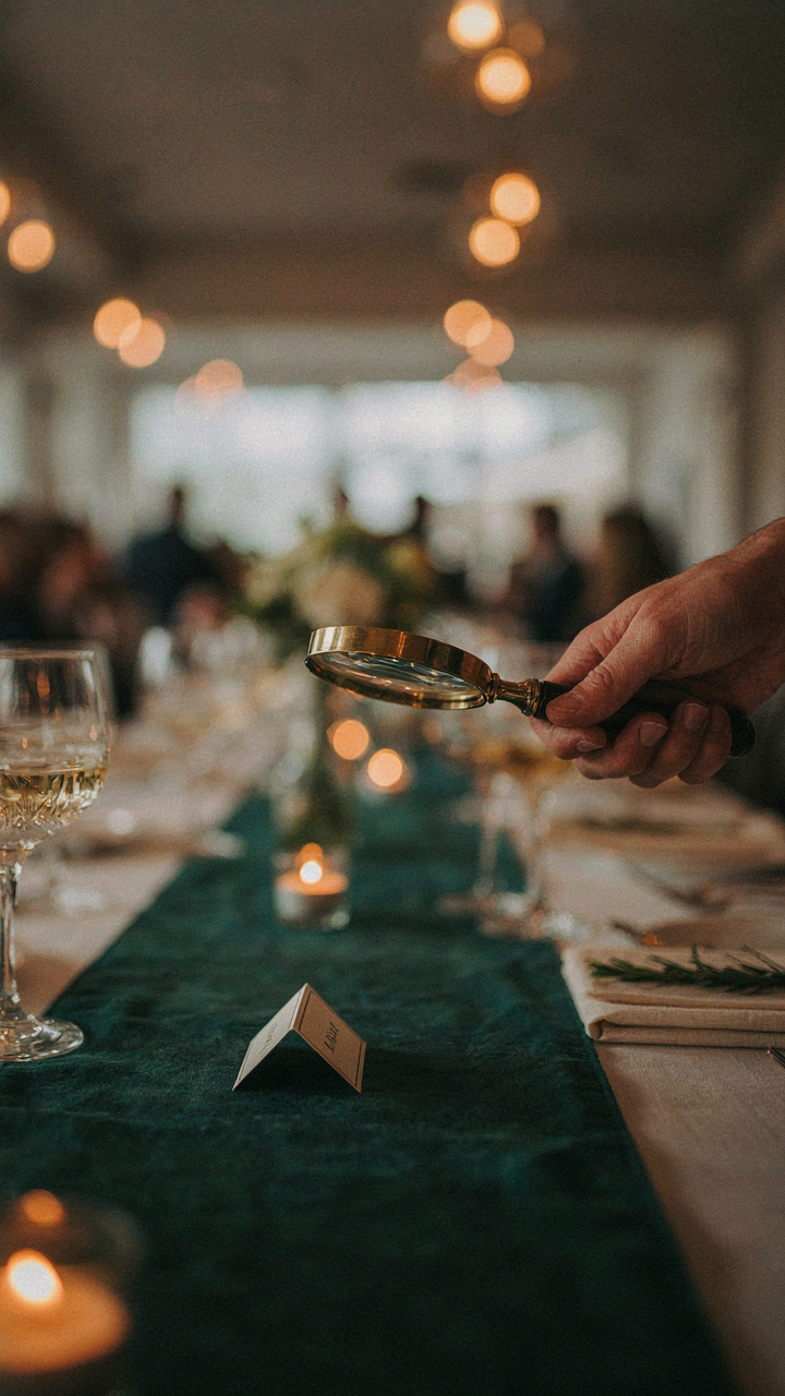 A person uses a magnifying glass to read a small party food label on a dimly lit table.