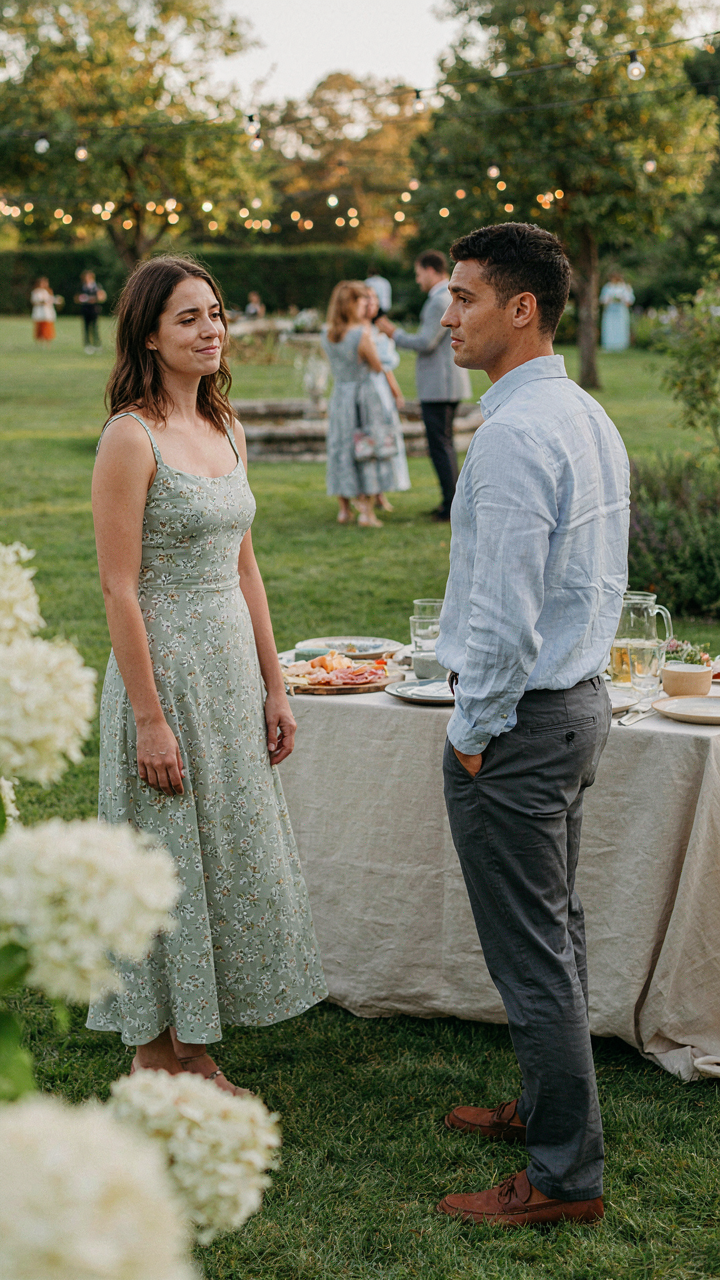 Two garden party guests stand awkwardly, with nothing to do.