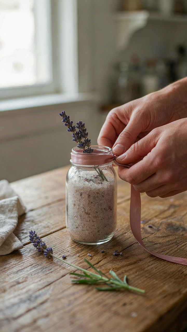 Hands tie a ribbon around a homemade jar of lavender bath salts.