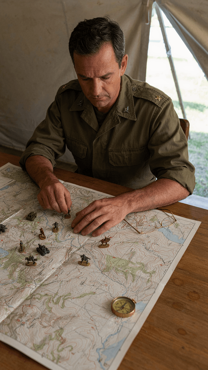 A general studies a military map, placing troop figurines strategically.