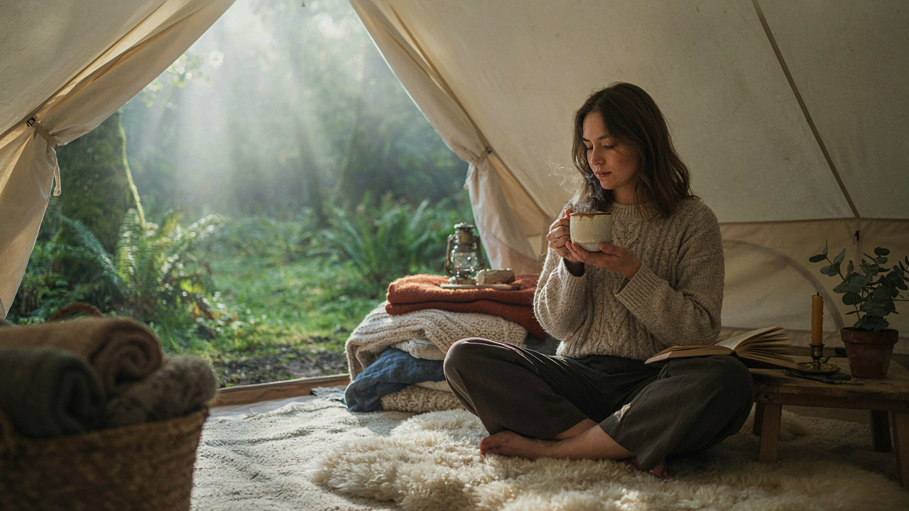 A person relaxing inside a cozy, decorated glamping tent in a green forest.