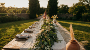A long outdoor table features a lush greenery table garland with wine glasses and plates.