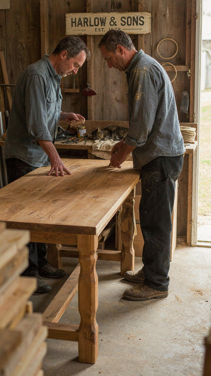 A person looks proudly at their handmade outdoor table.