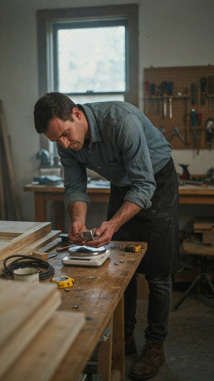 A person in a workshop carefully weighs a custom-built camper part.