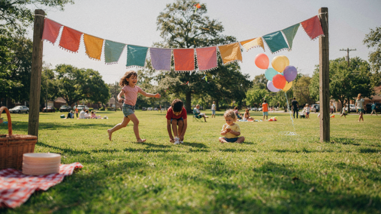 A colorful outdoor birthday banner is tightly secured in a sunny park setting.