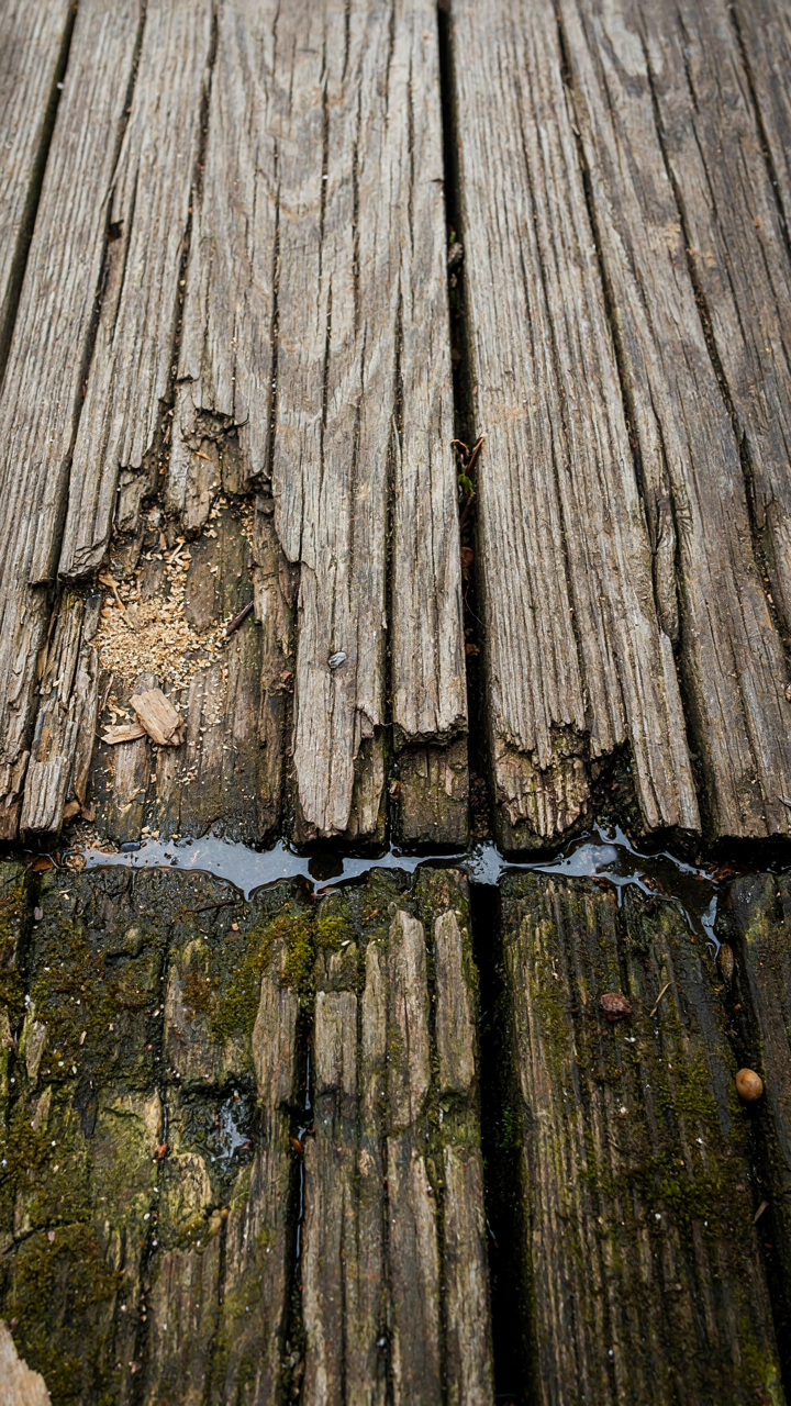 Sun-bleached, warped wood next to a damp, green patch of wood.