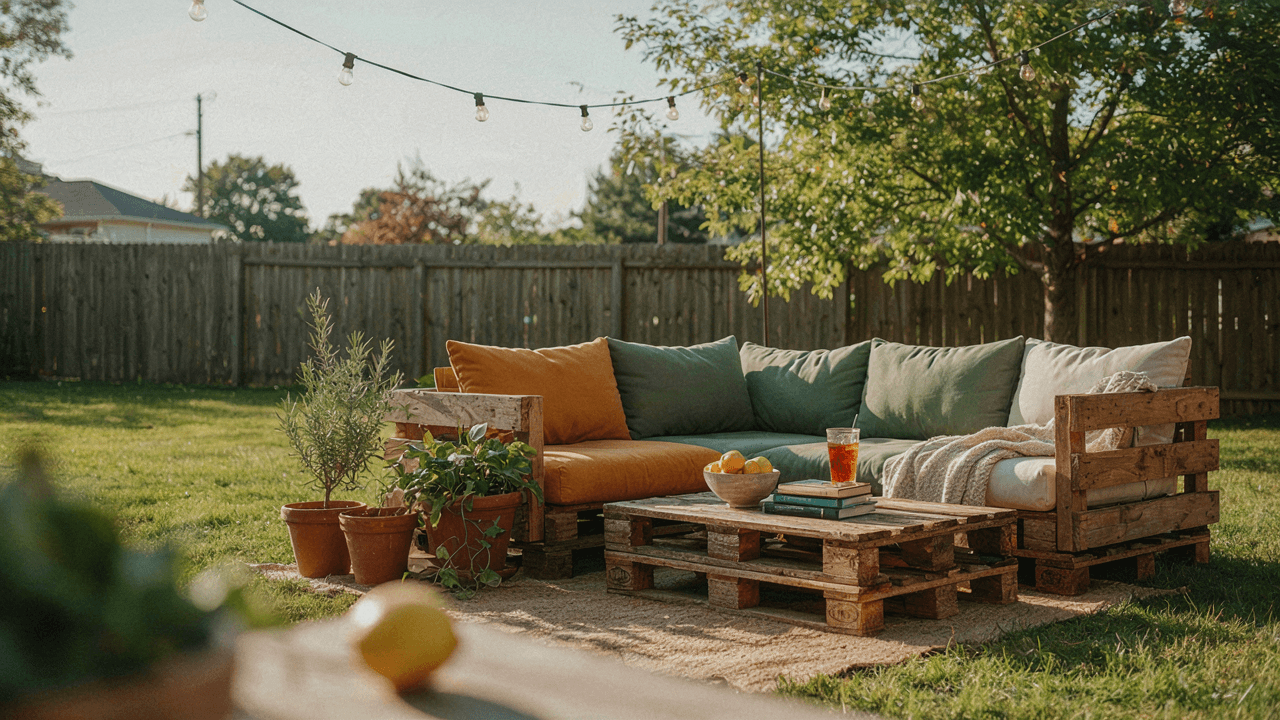 A cozy outdoor lounge area with pallet furniture and comfortable cushions.