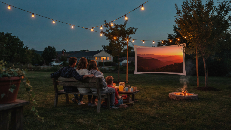 A family watches a movie on a large outdoor screen in their backyard at dusk.