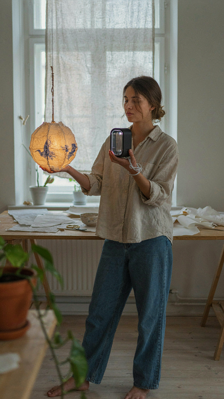 A person compares a handmade paper lantern to a store-bought light.