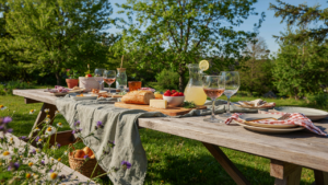 A rustic picnic table in a park with a long, elegant diy picnic table runner.