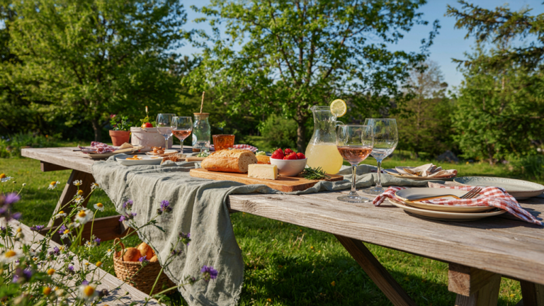 A rustic picnic table in a park with a long, elegant diy picnic table runner.