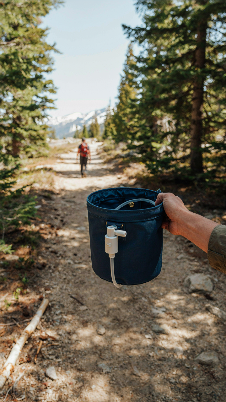 A person easily carries a lightweight, portable diy camp sink.