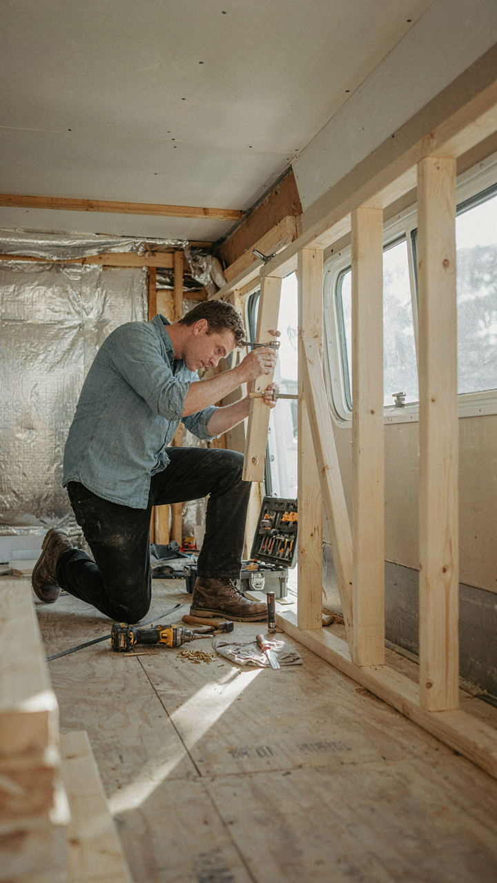 A person builds a custom wooden frame for a DIY camper trailer bed.
