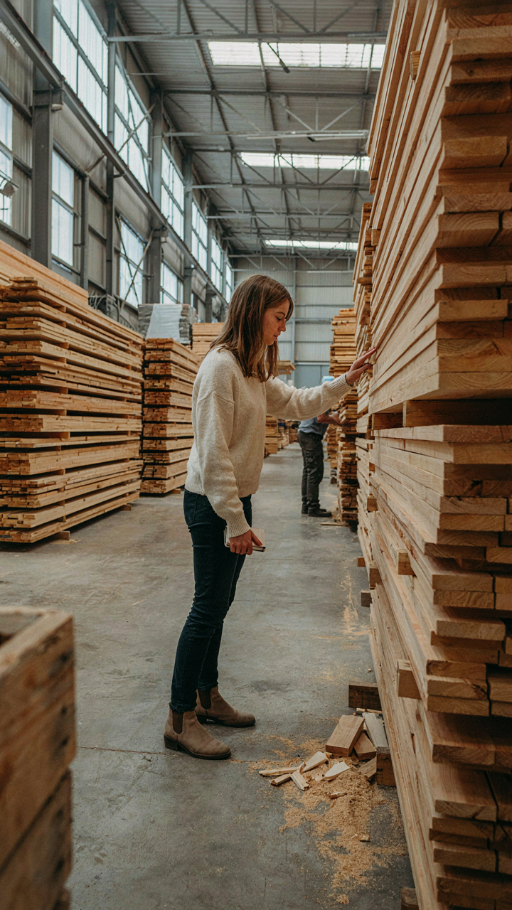 A person looks at raw lumber and furniture parts in a large warehouse.