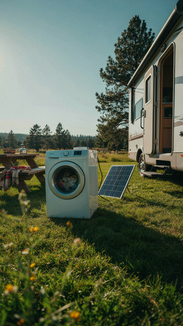 A small portable washing machine powered by a solar panel next to an RV.