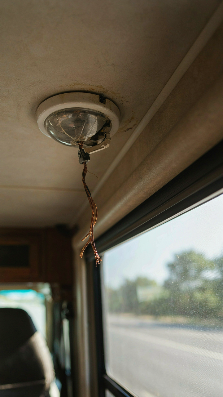 A broken RV light fixture with loose wires and cracked plastic housing.