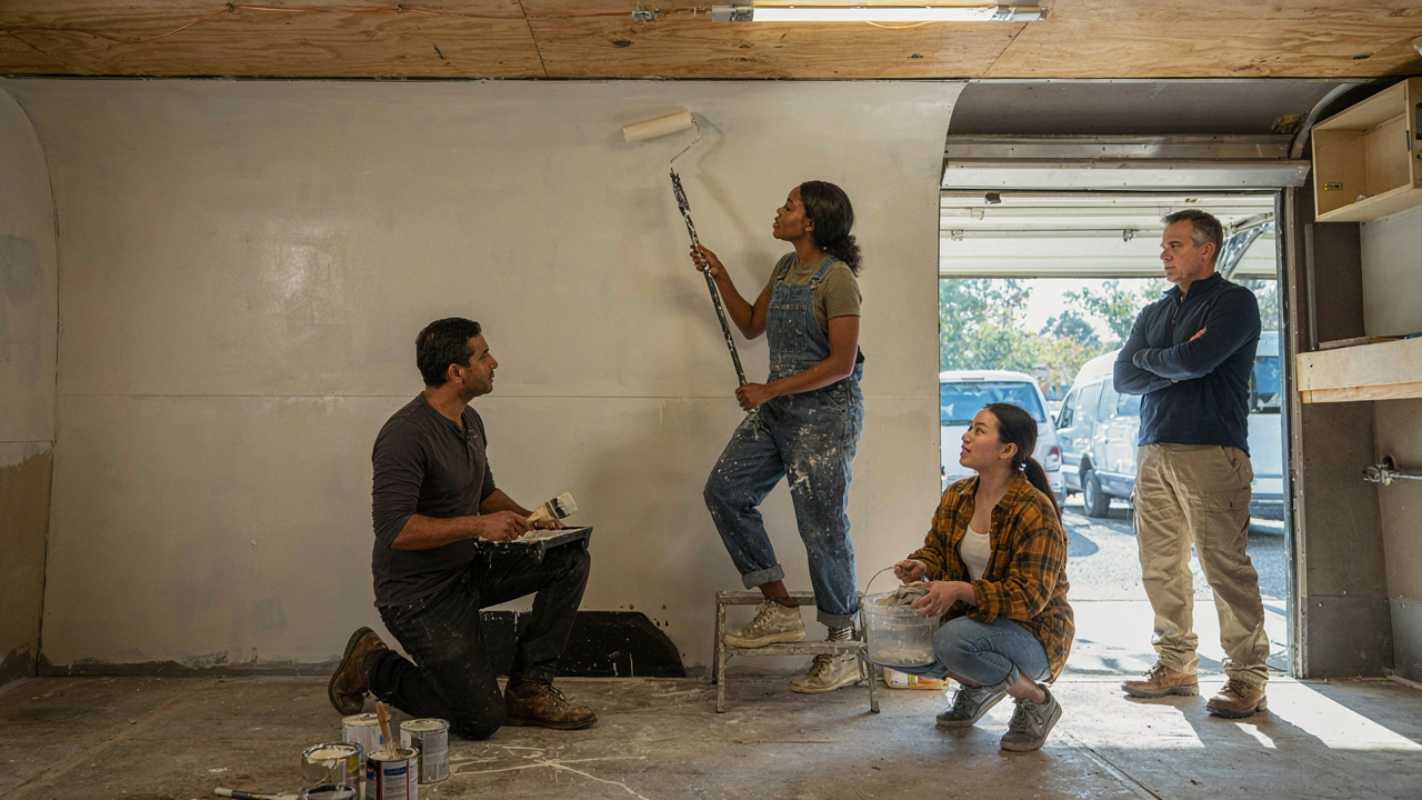 People painting the inside of an RV during a diy rv renovation.