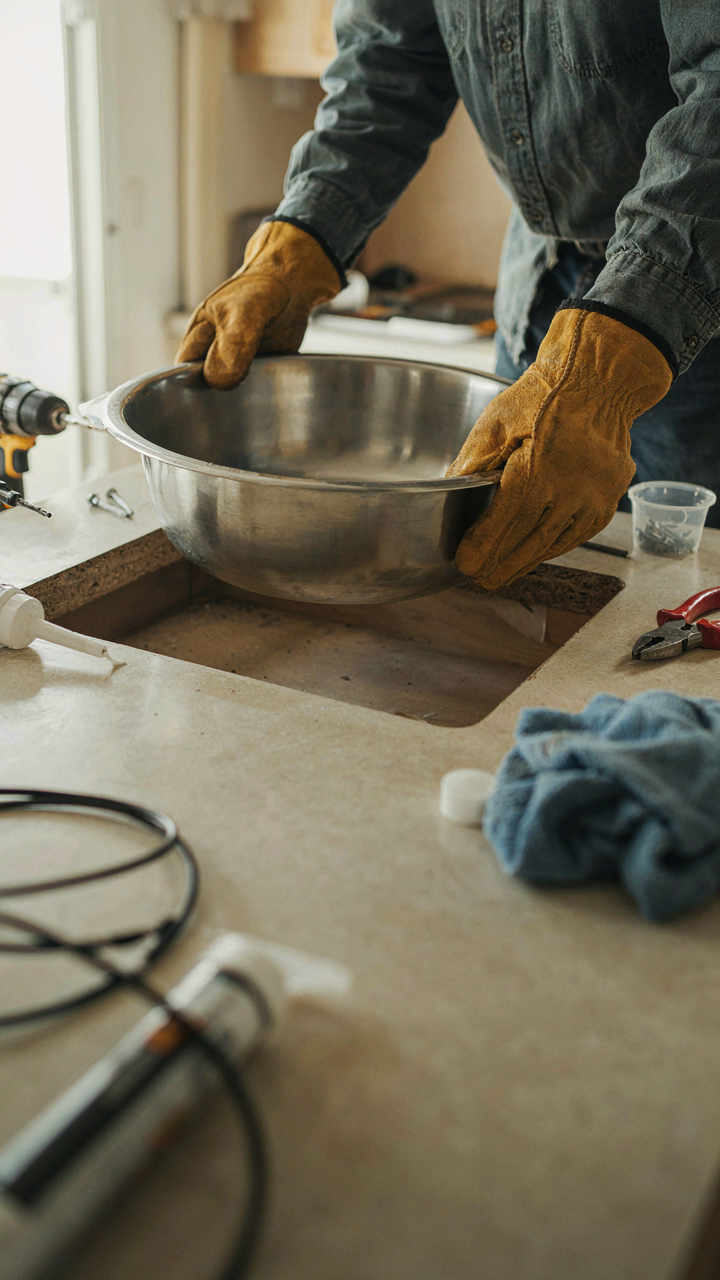 A person installs a new stainless steel sink into an RV counter.