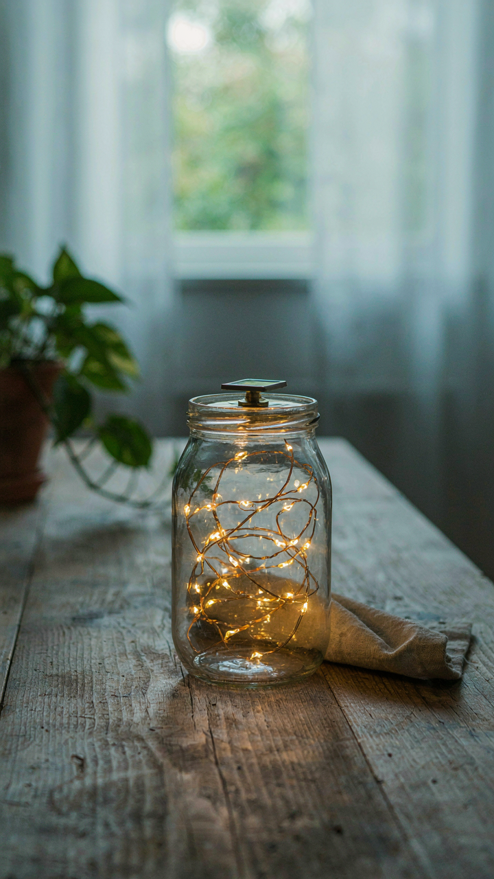 A unique solar lantern made from a glass jar glows softly.