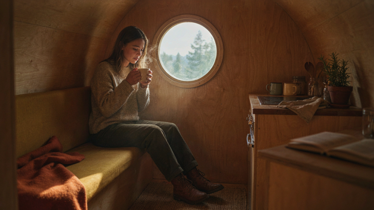 A custom-built diy teardrop camper interior with clever storage and warm lighting.
