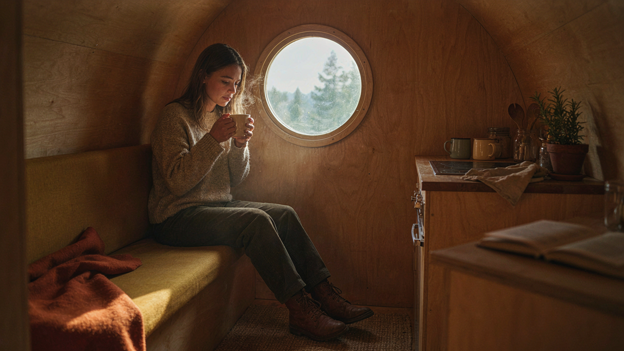 A custom-built diy teardrop camper interior with clever storage and warm lighting.