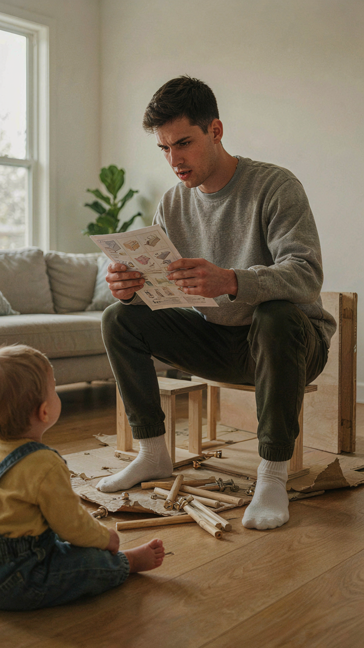A person struggles to assemble flat-pack furniture while a child watches.