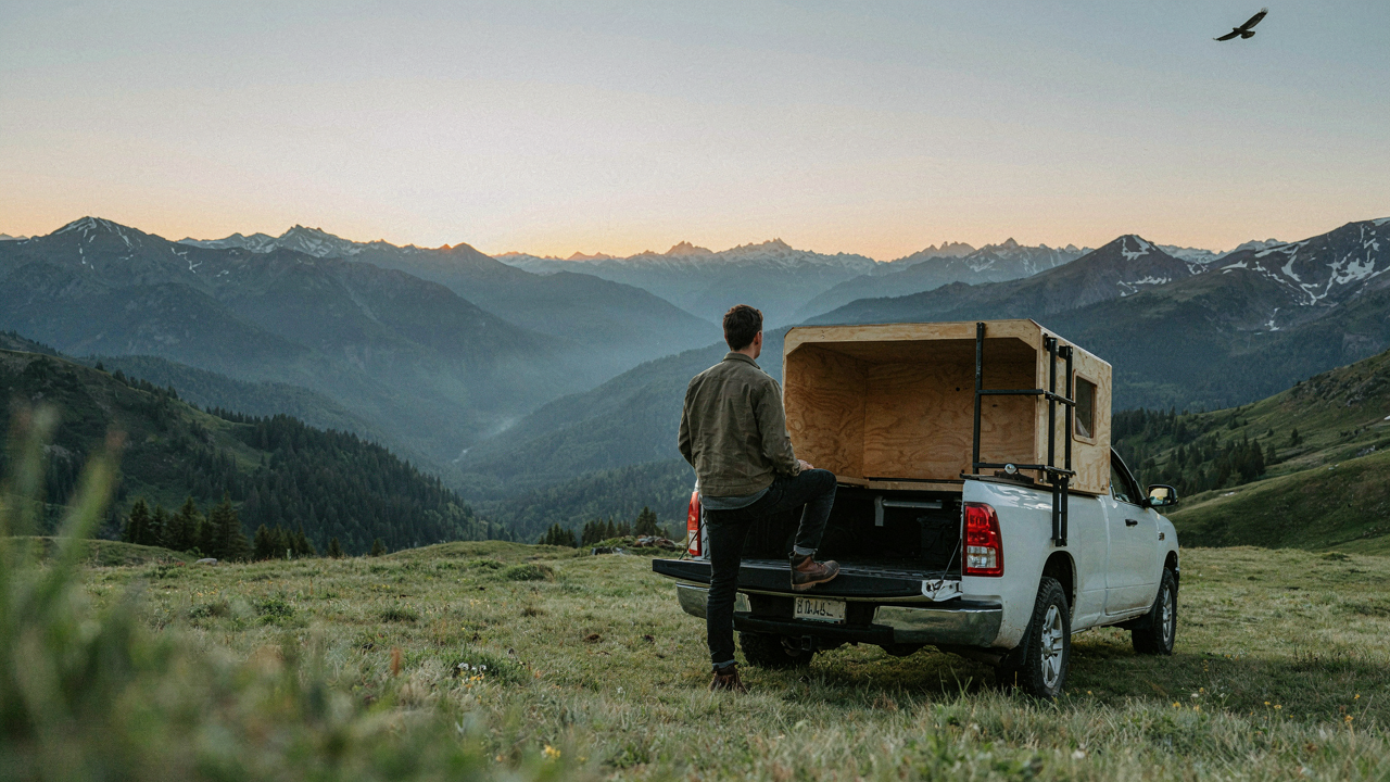A custom diy truck bed camper parked in a mountain landscape at sunrise.